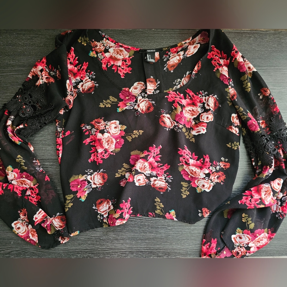 Floral Black and Pink Women's Top Forever 21 Sheer Top